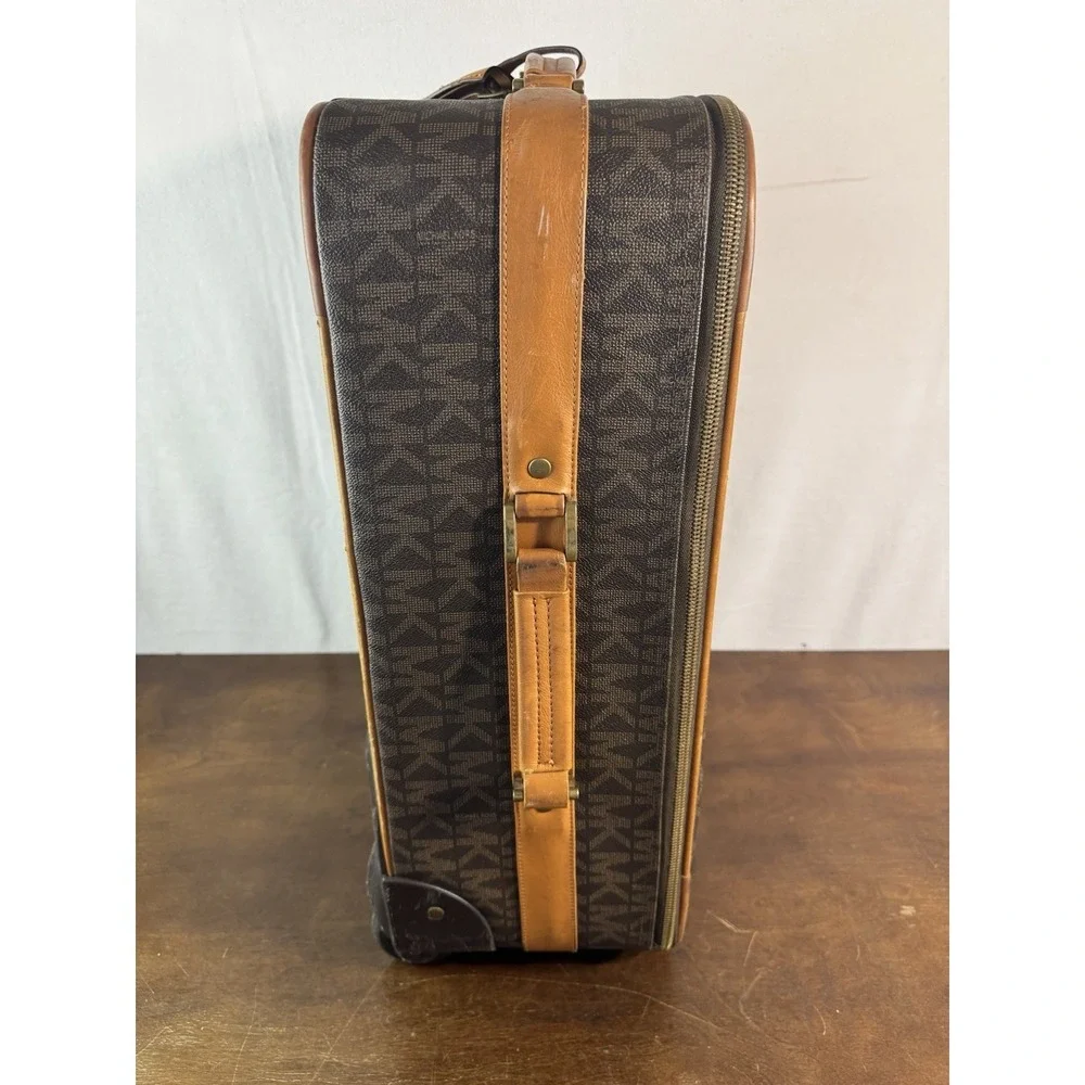 Vintage Michael Kors MK Monogram Rolling Carry-On Suitcase Faux Leather Brown